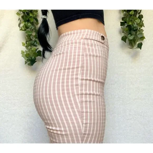 Forever 21 Nude Pink White Gingham High Waisted Fitted Ankle Length Pants Wms XS - Picture 2 of 10